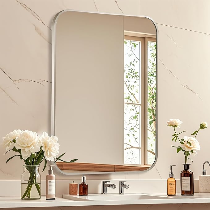 Brushed Nickel Bathroom Mirror, 24x36 Inch Aluminum Frame Rectangle Mirror, Anti-Rust, Tempered Glass, Wall Mirror for Over Sink, Vanity, Bedroom, Entryway, Horizontal/Vertical