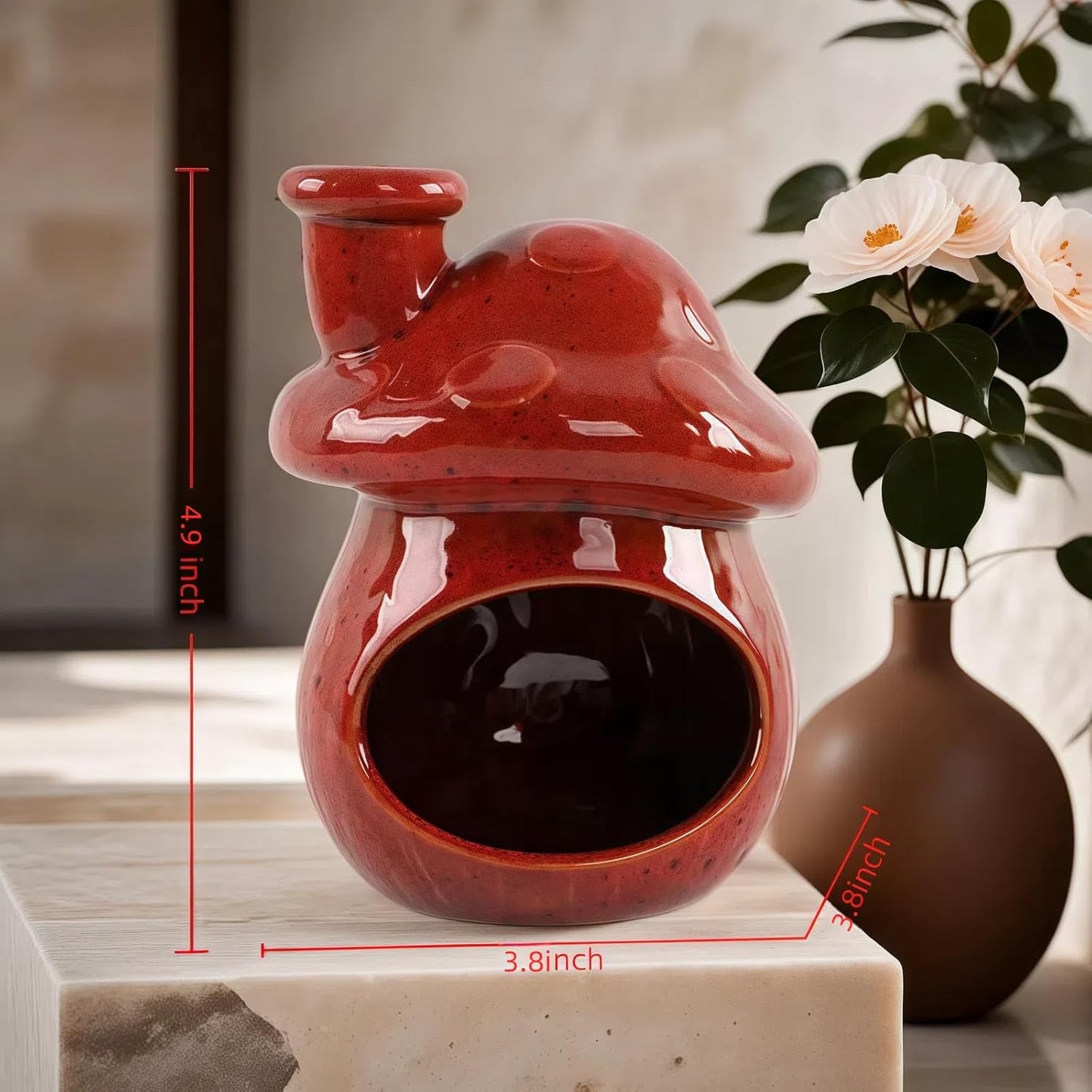 Mushroom Incense Holder, Red Ceramic Palo Santo Holder Burner & Sage Holder - Mini Tabletop Chiminea Burner Tray with Ash Catcher, Cute Mushroom Decorations for Spiritual Meditation & Yoga