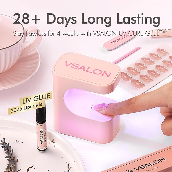 VSALON Press On Nails Almond, 32 Pcs 16 Sizes Cat Eye Press On Nails French Tip Nude Medium Sparkly Fake Nails With UV Glue Reusable Stick On Nails Semi-transparent Valentines Gift For Women
