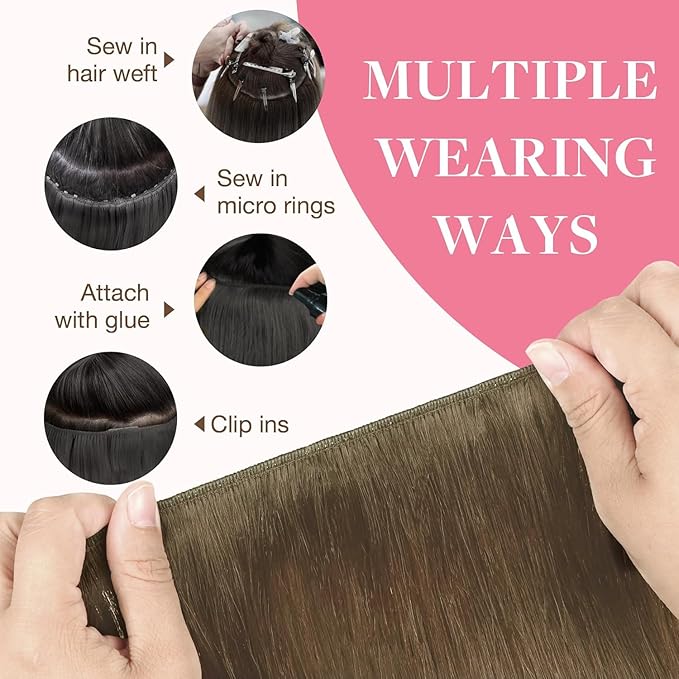 GOO GOO Sew in Hair Extensions Real Human Hair, Weft Hair Extensions Human Hair, 5 Light Ash Brown 24inch 120g, Weft Bundles Straight Silky Remy Hair