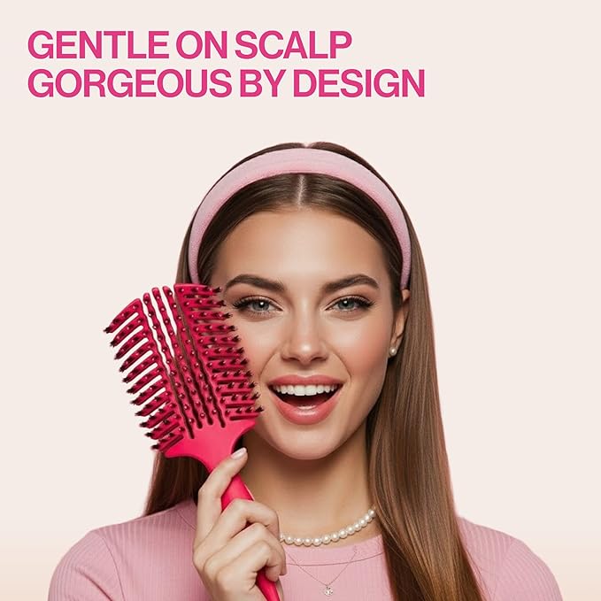 COCCO Aura Vent Boar Brush | Vented Dual-Curved Design for Faster Drying, Effortless Detangling & Shine, Boar + Nylon Bristles, Ergonomic Comfort Handle for Wet & Dry Hair Styling - Pink