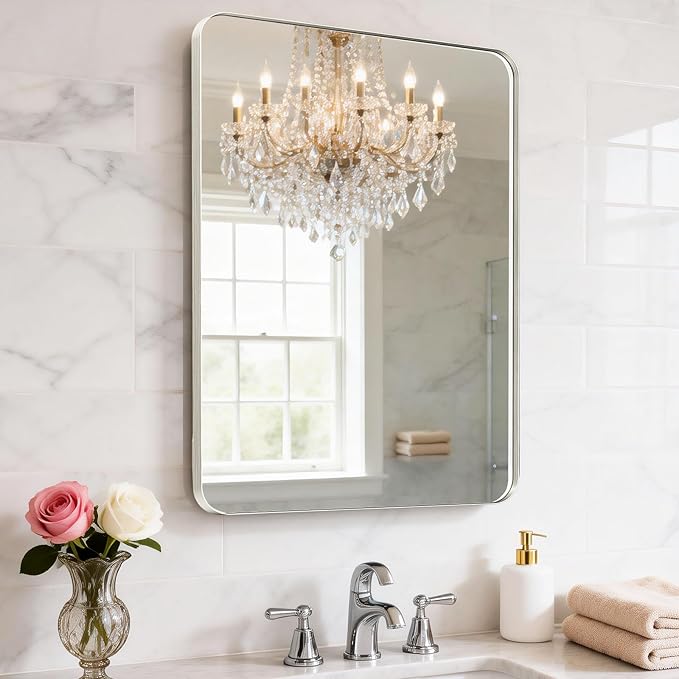 22"X30" Brushed Nickel Bathroom Mirror for Wall, Brushed Silver Metal Framed Mirror, Rounded Rectangle Silver Bathroom Mirrors, Tempered Glass, Anti-Rust, Hangs Horizontally or Vertically