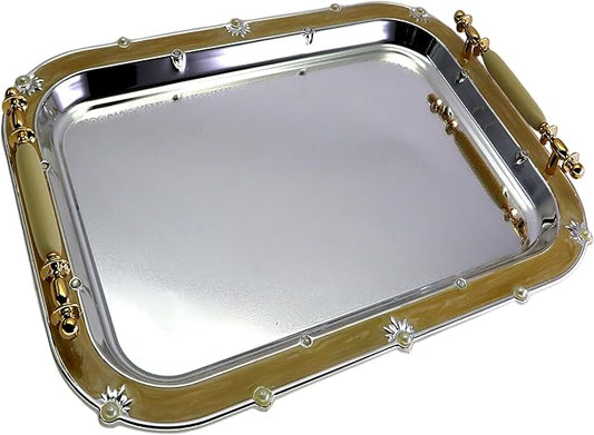 (Pack of 2) 16.3 inch x 11.8 inch Oblong Chrome Plated Serving Tray with Handles Mirror Iron Gold Floral Edge Decorative Party Wedding Buffet Wine Decor Platter Plate Base FST-010