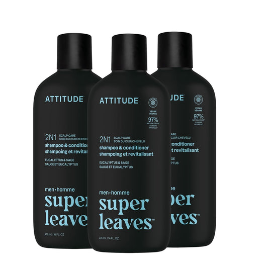 ATTITUDE Men's Shampoo and Conditioner 2-in-1, Scalp Care for Build Up & Oily Hair, 97% Natural Origin Ingredients, EWG Verified, Eucalyptus & Sage, 14 Fl Oz (Pack of 3)