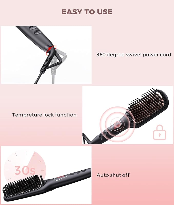 MEGAWISE Pro Ceramic Ionic Hair Straightener Brush for Home Salon | MCH Fast 20s Heating Tech with Auto-Off Safety | Anti-Scald with Universal Dual Voltage | Rotatable Power Cord (Black)