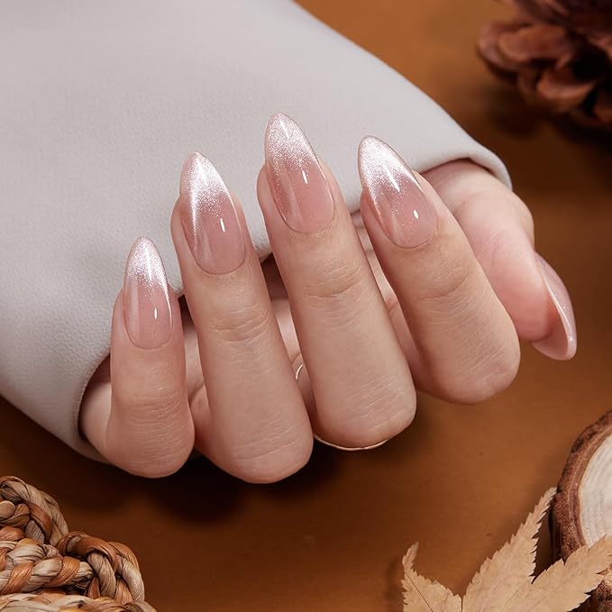 VSALON Press On Nails Almond, 32 Pcs 16 Sizes Cat Eye Press On Nails French Tip Nude Medium Sparkly Fake Nails With UV Glue Reusable Stick On Nails Semi-transparent Valentines Gift For Women