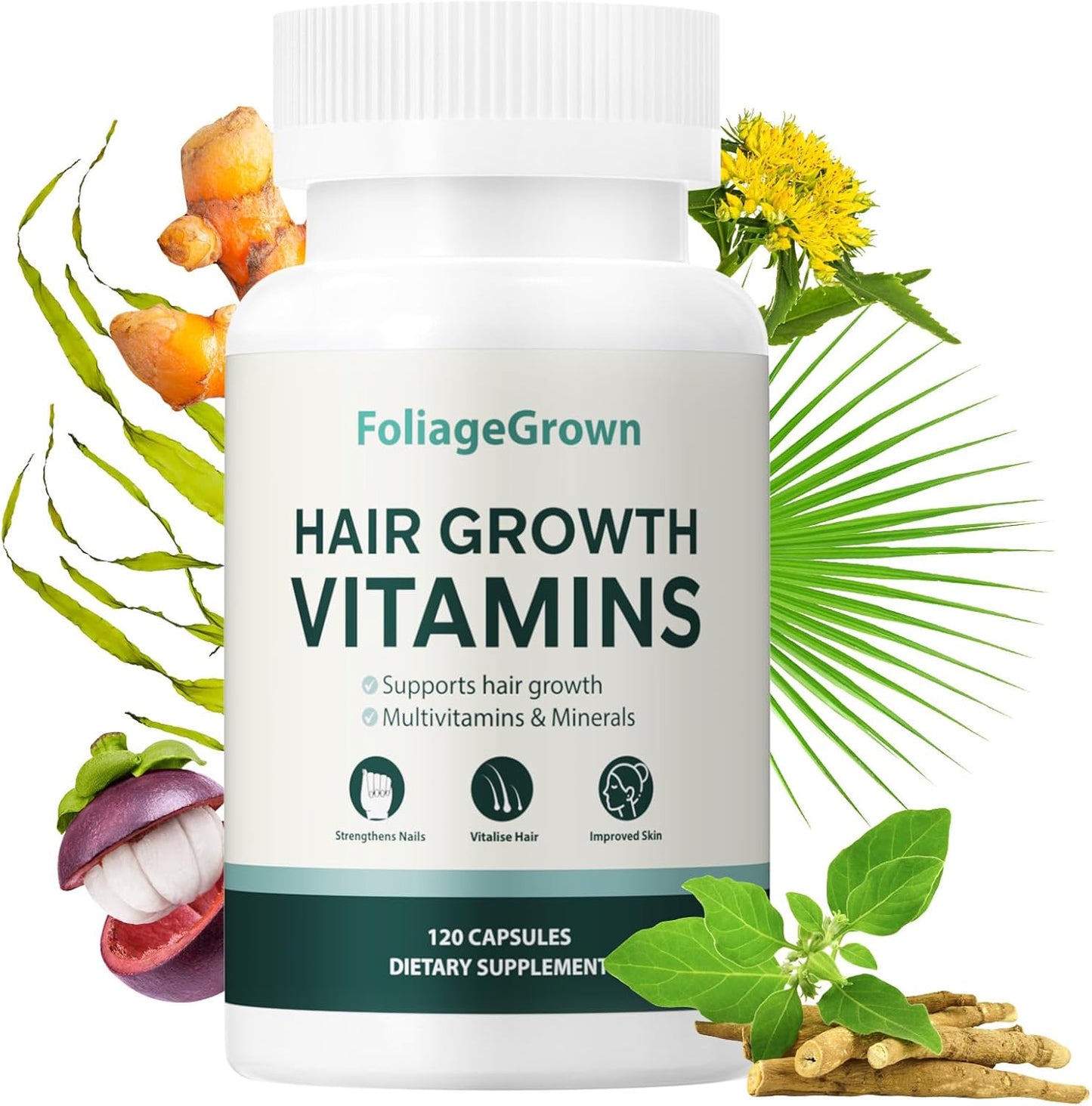 Hair Growth Supplements,Visibly Thicker Hair,Hair Growth Vitamins for Women and Men - 2 Month Supply(120 Capsules), White