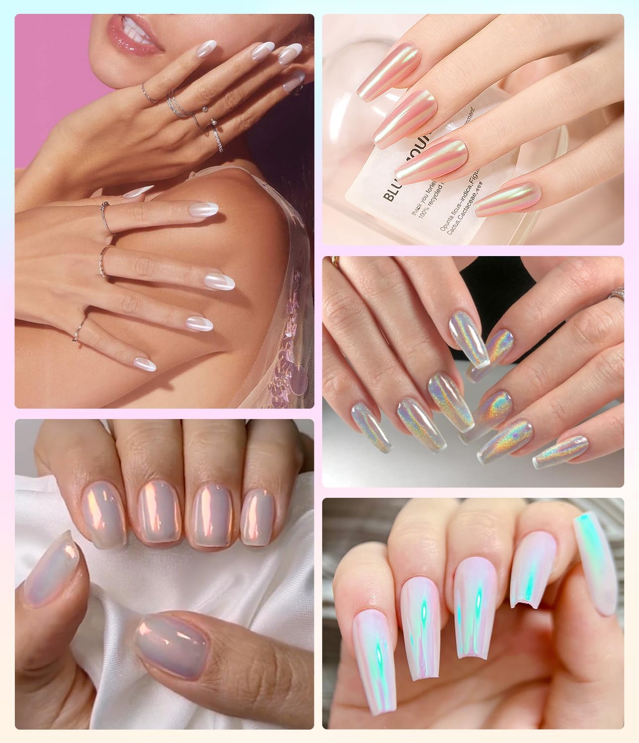 Chrome Nail Powder 4 Jars【Large Capacity 1g】Metallic Mirror Pearl Holographic Pigment Powder, Chrome Powder for Nails for Manicure Nail Art Decoration Sets