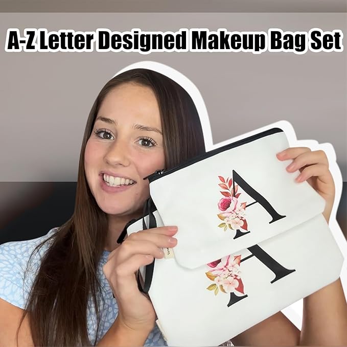 Vavabox A-Z Personalized Makeup Bag, Birthday Gifts for Women Mom, Gifts for Best Friend, Bride Bridesmaid Cosmetic bag (O, 03-White Set)