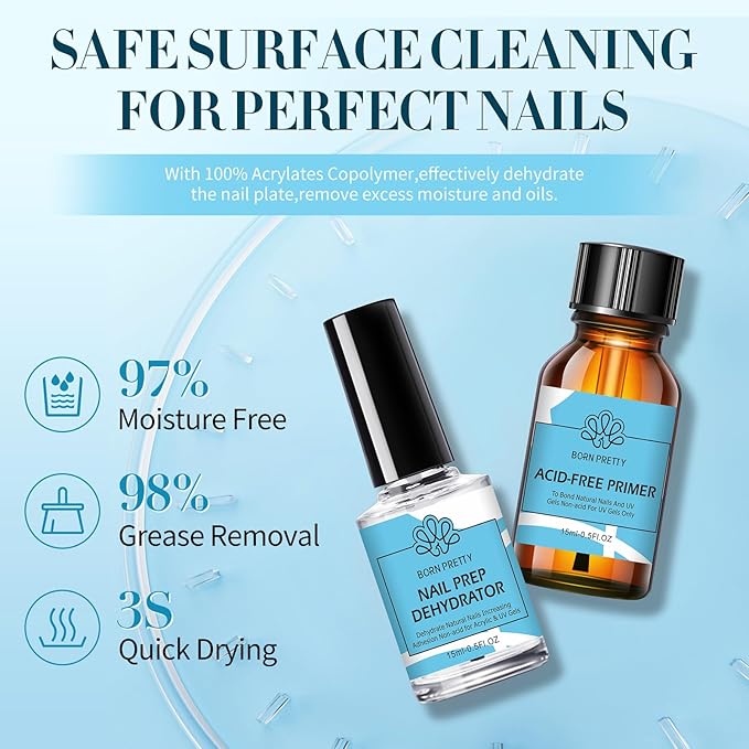 Born Pretty Nail Dehydrate and Primer, 15ml HEMA&TPO Free Dehydrator for Acrylic and Gel Nail Polish, Non Acid Primer for U V Gels, No Burn Fast Air Dry Nail Prep Dehydrator Set, 0.5oz