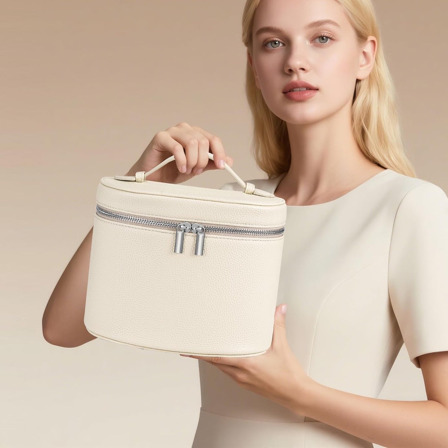 Makeup Bag Vanity Case Cosmetic Bag with Removable Divider Travel Toiletry Bag for Women Portable Make up Box Organizer, Beige