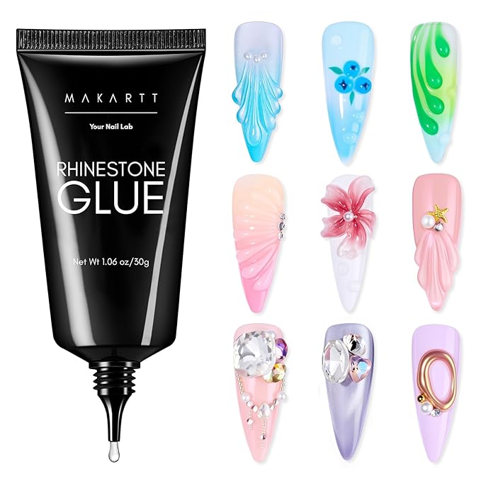 Makartt Rhinestone Glue Gel - Ultra Strong Hold UV/LED Cured Nail Glue Adhesive for Charms, Gems, Diamonds, Chrome & Aurora Powder, 3D Gel Nail Art Sculpting, Glitter, Decals, DIY & Salon Easy Use