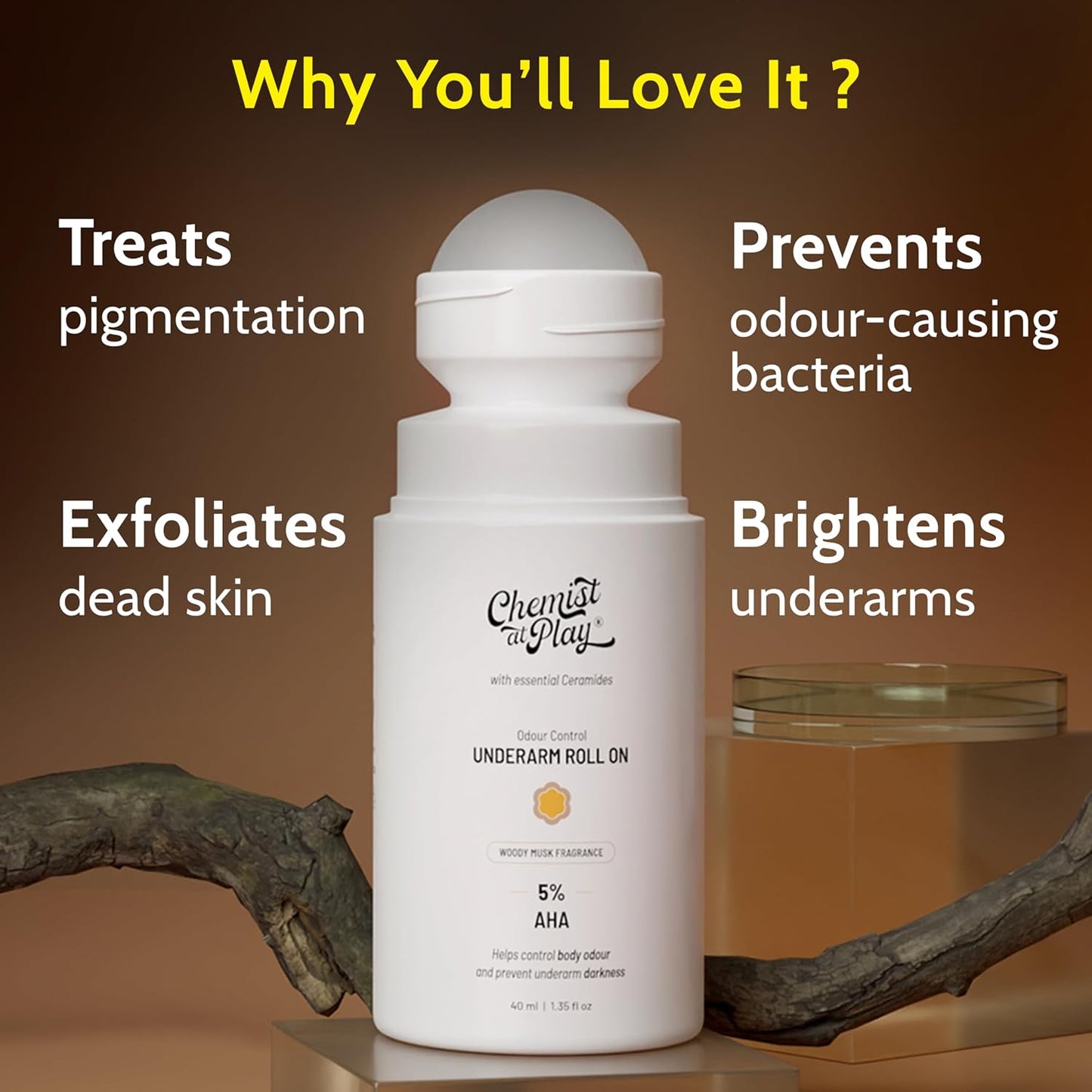 UnderArm Roll-On with 5% AHA|Lactic & Mandelic Acid|Prevents Odour, Brightens Skin & Exfoliates Underarm|For Sensitive Skin |Woody Musk Fragrance |Alcohol & Aluminium Free | 1.35 fl oz