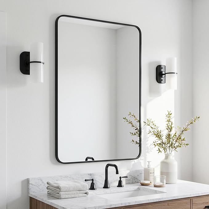 27x40 Inch Matte Black Bathroom Mirror - Copper-Free Mirror, Metal Frame Vanity Rectangle Wall Mounted Modern Mirrors for Bedroom/Living Room/Porch Horizontal or Vertical