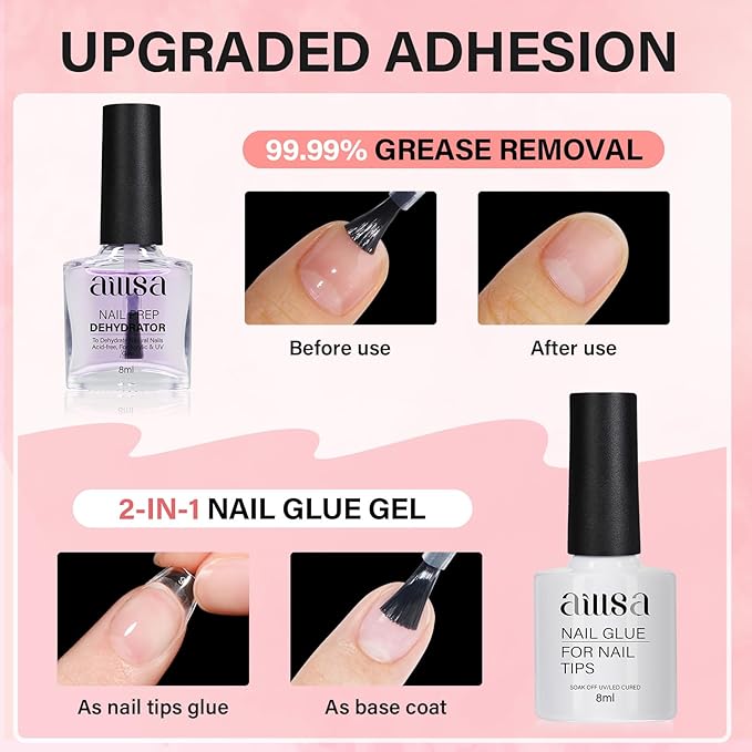 AILLSA Extra Short Coffin Gel Nail Kit 240pcs Full Nail Tips with 2 In 1 Nail Glue Base Top Coat Nail Dehydrator U v Led Lamp, Gel Extension Nail Kit for Beginners Home Salon