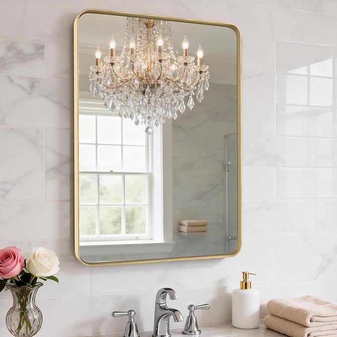20X30 Inch Gold Metal Framed Bathroom Mirror for Wall, Gold Rounded Rectangle Mirror, Brushed Gold Bathroom Vanity Mirror Farmhouse, Anti-Rust, Tempered Glass, Hangs Horizontally or Vertically