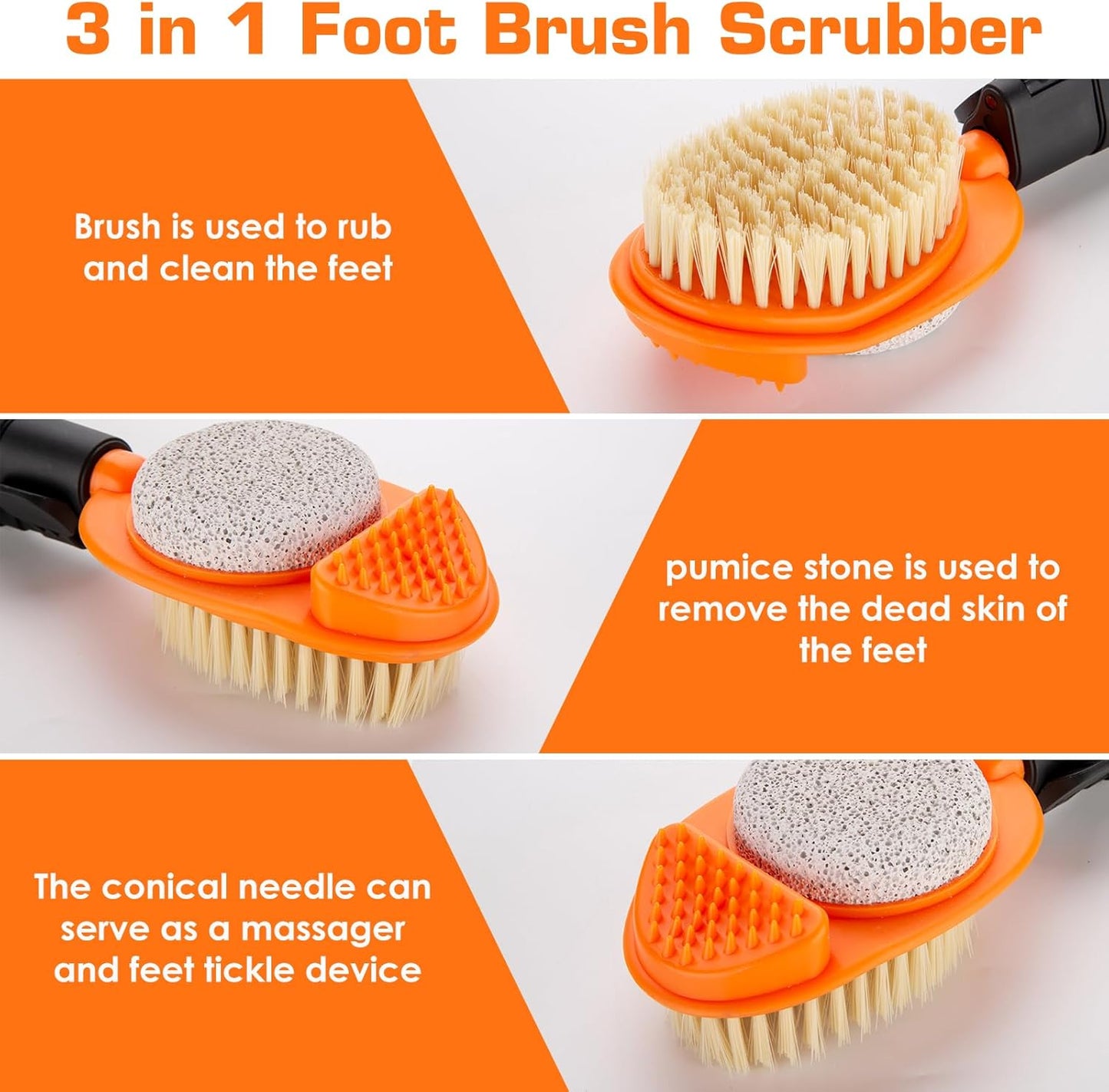 Foot Scrubber with Pumice Stone, 3 in 1 Adjustable Aluminum Tube 15”-28” Shower feet Dead Skin Remover, Foot Cleaning Brush for Seniors,Elderly, Disabled Men and Women