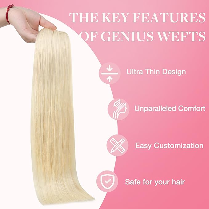 GOO GOO Genius Weft Hair Extensions Human Hair, Sew In Hair Extensions Rooted Remy Weft, 60A Platinum Blonde 22inch 60g, Hand Tied Weft Hair Extensions