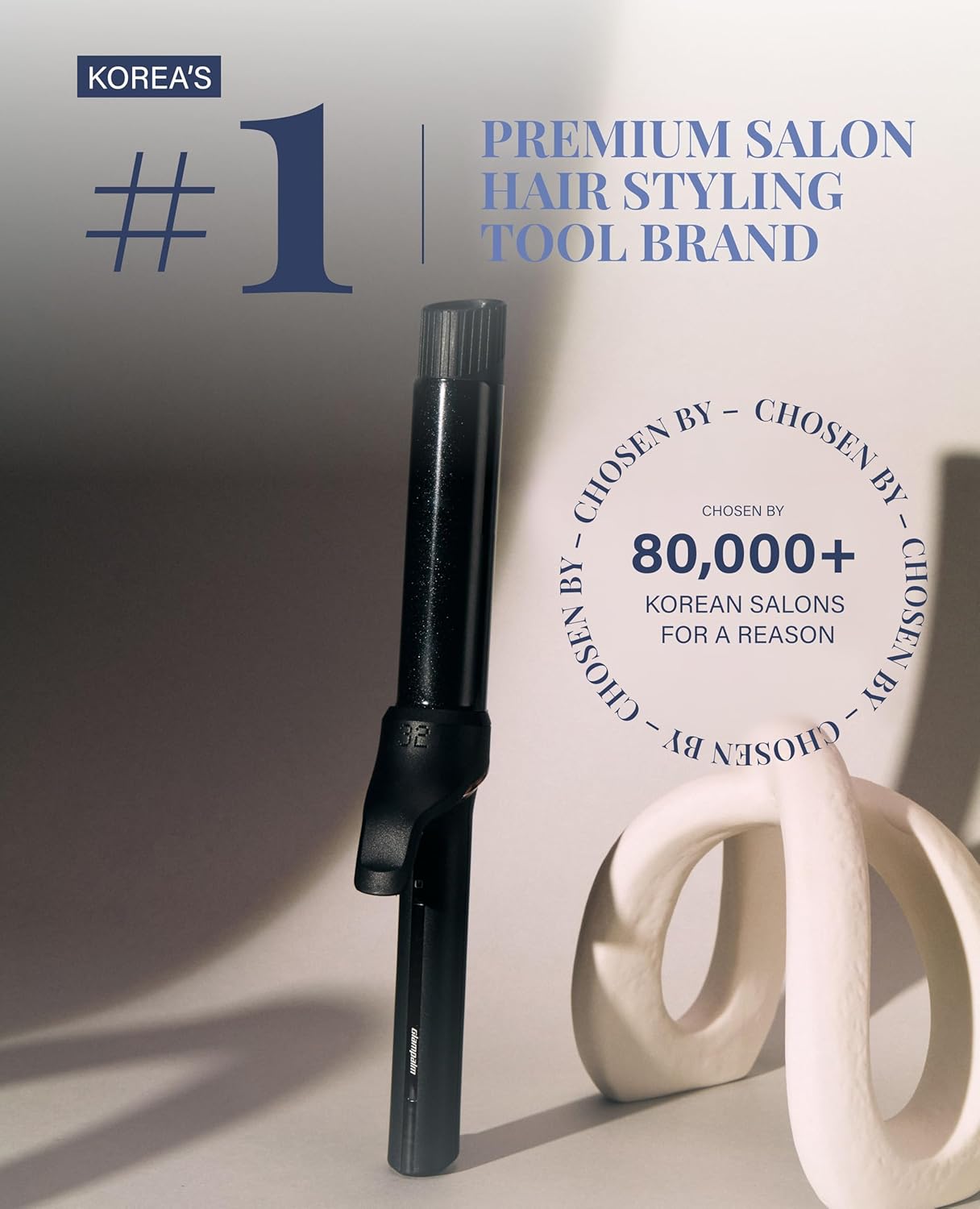 GLAMPALM Professional Curling Iron 1.6" - Long Barrel Ceramic Hair Curler for Women, Korea's No.1 Salon Hot Tool, 5 Temps & 30s Heat-up, 3D Swivel Cord & Dual Voltage, Black (GP628) (1.6")