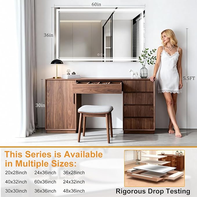 LED Bathroom Mirror 60"x36", 3 Colors Frontlit, Stepless Dimmable, Anti-Fog, Memory, Wall Mounted Vanity Mirror with Lights, Eco Copper-Free, Perfect for Bathroom & Bedroom