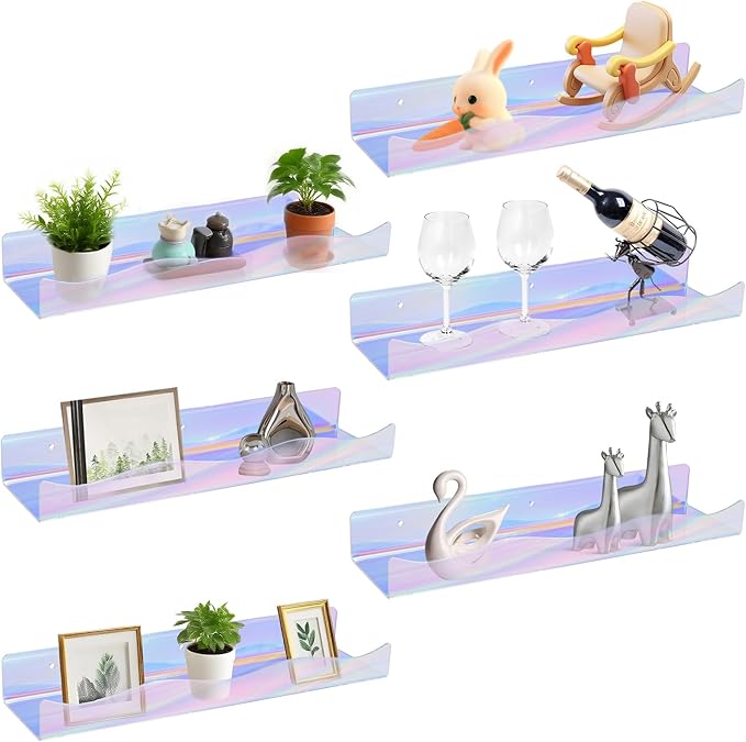 Wall Mount Acrylic Shelf 15 Inch Floating Shelf for Wall Decor Plants Books Records Colorful Display Shelf with Mounting Hardware Bathroom Bedroom Living Room Storage Organization(6, iridescent)