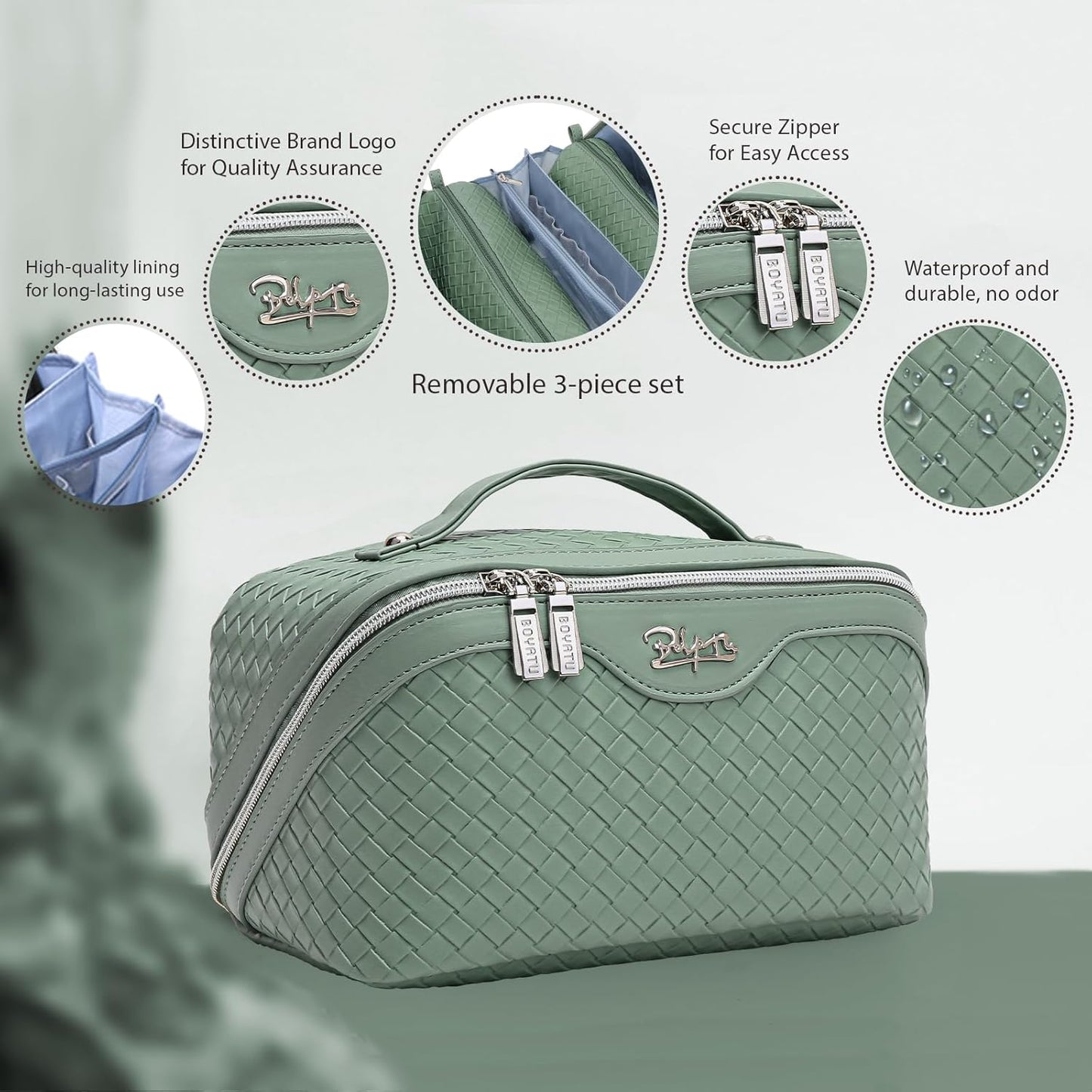 BOYATU Travel Makeup Bags for Women: Large Cosmetic Bag Waterproof - Vegan Leather Make up Bag Set of 3 - Compact Toiletry Organizer with Compartments & Handle & Divider (L05 Grass Green)