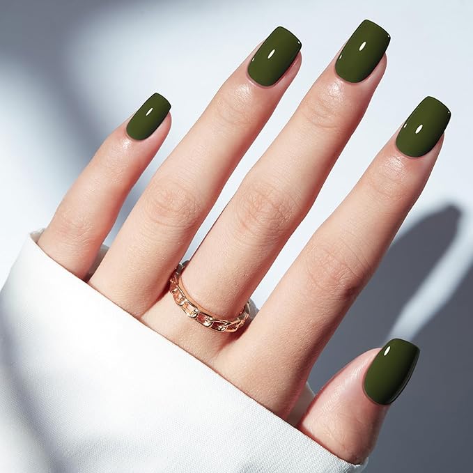 Modelones Moss Green Press on Nails, Short Square Fake Nails, Reusable Nail Kit with Nail Glue Adhesive Tabs Mini Nail File, Nails Press Ons 32Pcs16 Sizes, Spring