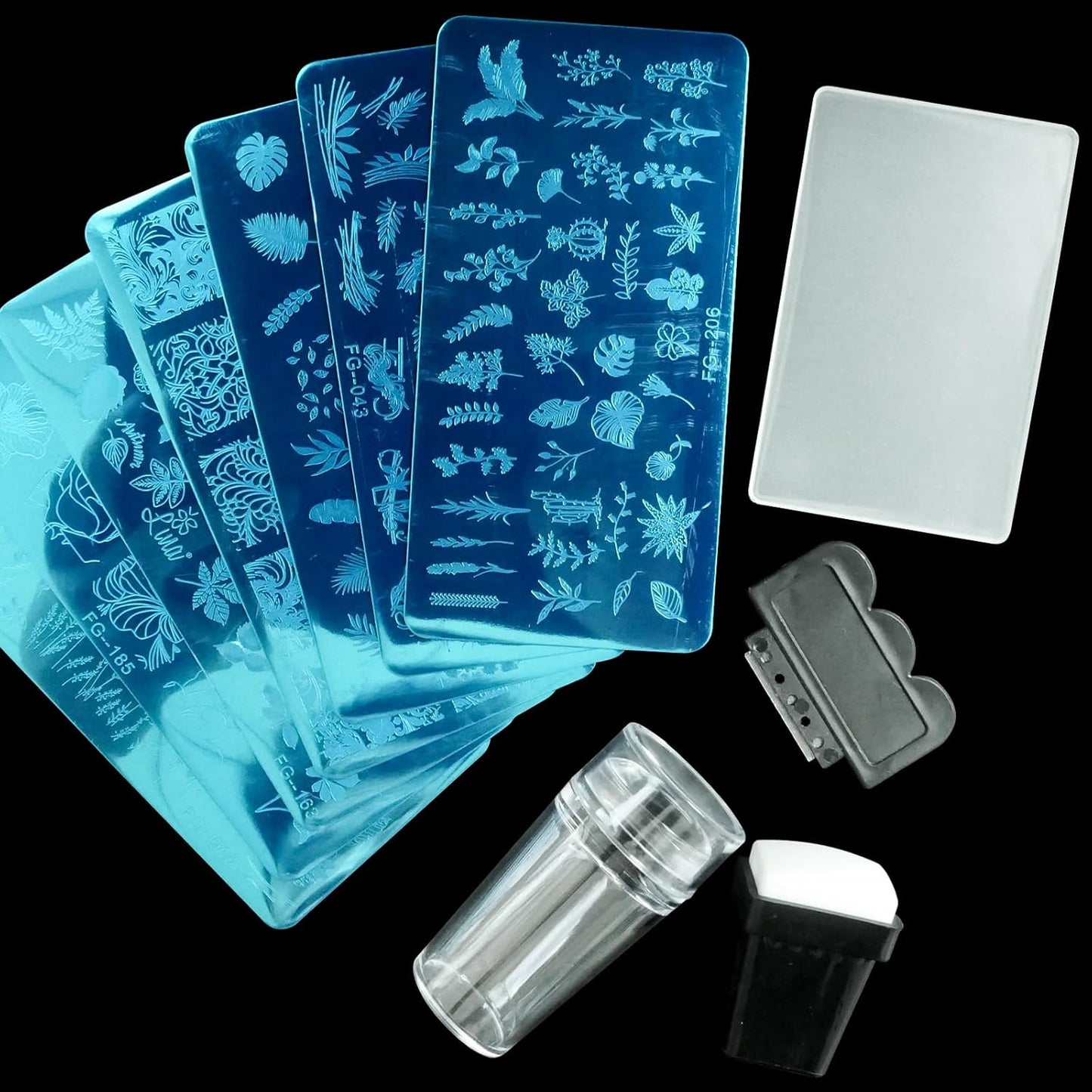 AddFavor Nail Stamper Kit 7pcs Nail Stamping Plates Flower Leaf Maple Nail Stencils with 2 Stamp and 2 Scraper for Home Salon Manicure Design Supplies Tools