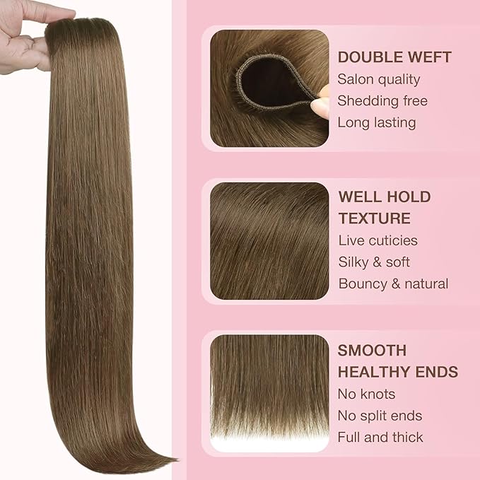 GOO GOO Sew in Hair Extensions Real Human Hair, Weft Hair Extensions Human Hair, 5 Light Ash Brown 24inch 120g, Weft Bundles Straight Silky Remy Hair