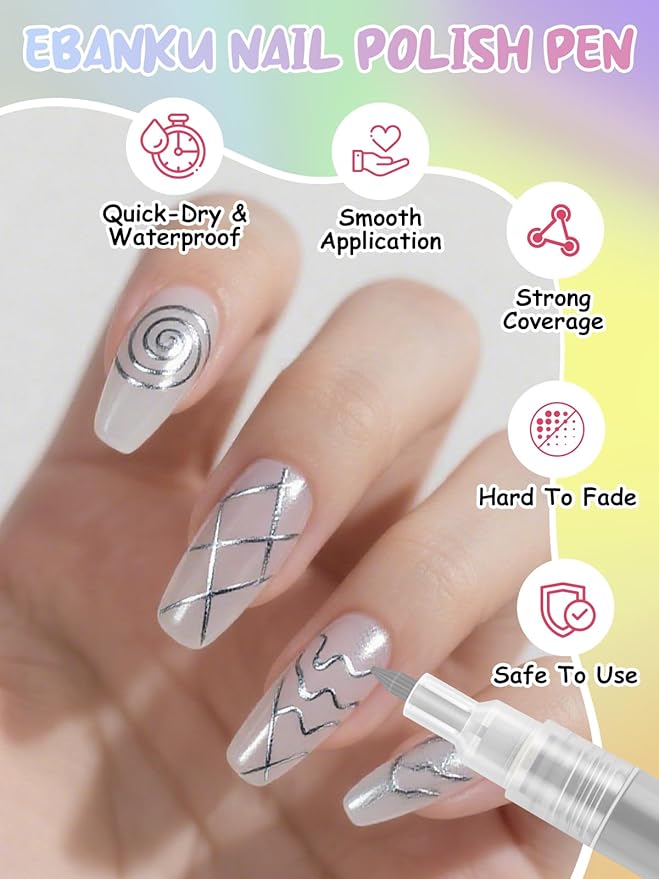 EBANKU 1Pc Nail Art Pens Quick-Drying, 3D 0.7MM Acrylic Paint Pens Nail Polish Pen Nail Art Markers Nail Point Dotting Liner Pen Tools for Home & Salon Nail DIY(Silver)