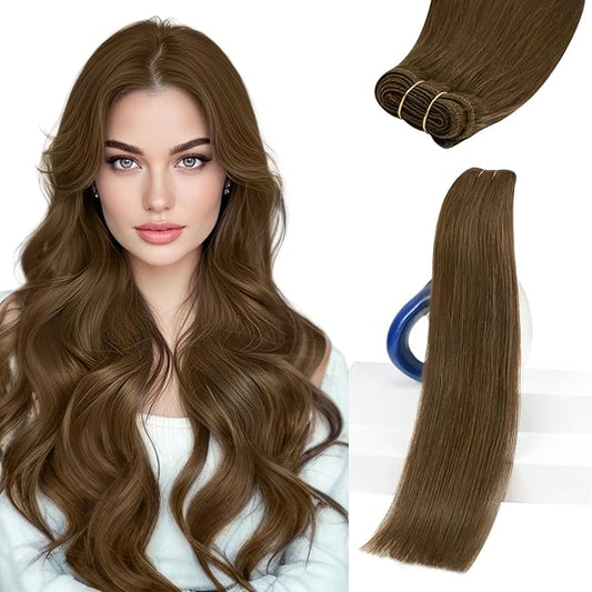 Sunny Hair Sew in Hair Extensions Real Human Hair Weft Hair Extensions Human Hair Color #8 Light Brown 100g Straight Weft Bundles for Women