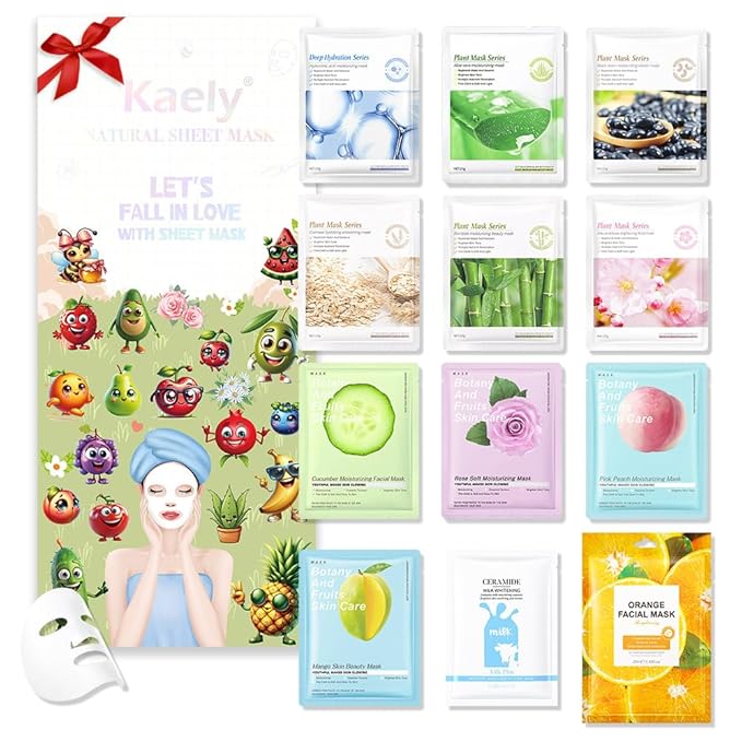 Kaely 12 Pack Variety Face Masks for Kids, Kids Face Mask Spa Day Kit Supplies, Spa Party Favors for Teens Girls Women, Sheet Facial Mask Skincare Gifts Set, Hydrating Nourish for All Skin Types, 02