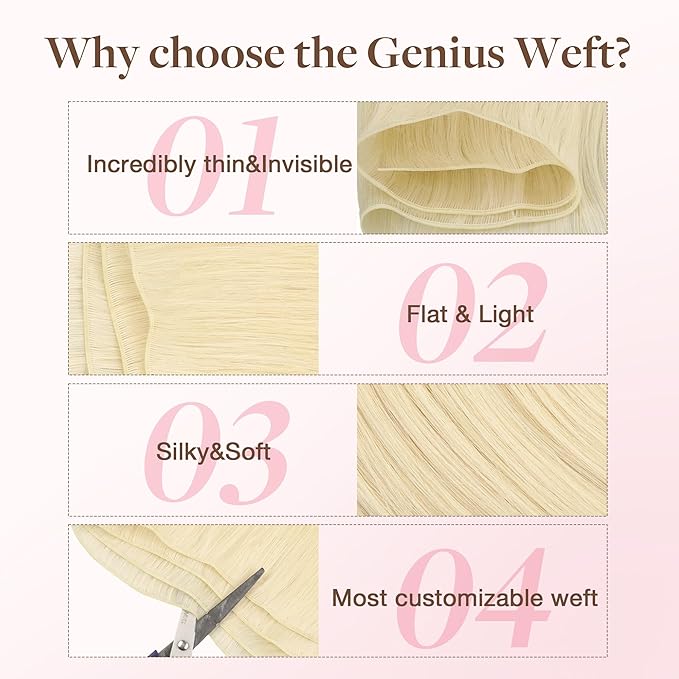 GOO GOO Genius Weft Hair Extensions Human Hair, Sew In Hair Extensions Rooted Remy Weft, 60A Platinum Blonde 24inch 60g, Hand Tied Weft Hair Extensions