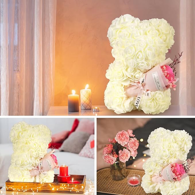 Valentines Day Gifts for Her Rose Bear, Rose Teddy Bear Birthday Gift for Girlfriend Wife, Rose Flower Gift for Women,Valentines Gifts for Her,Flower Bear with I Love You Necklace
