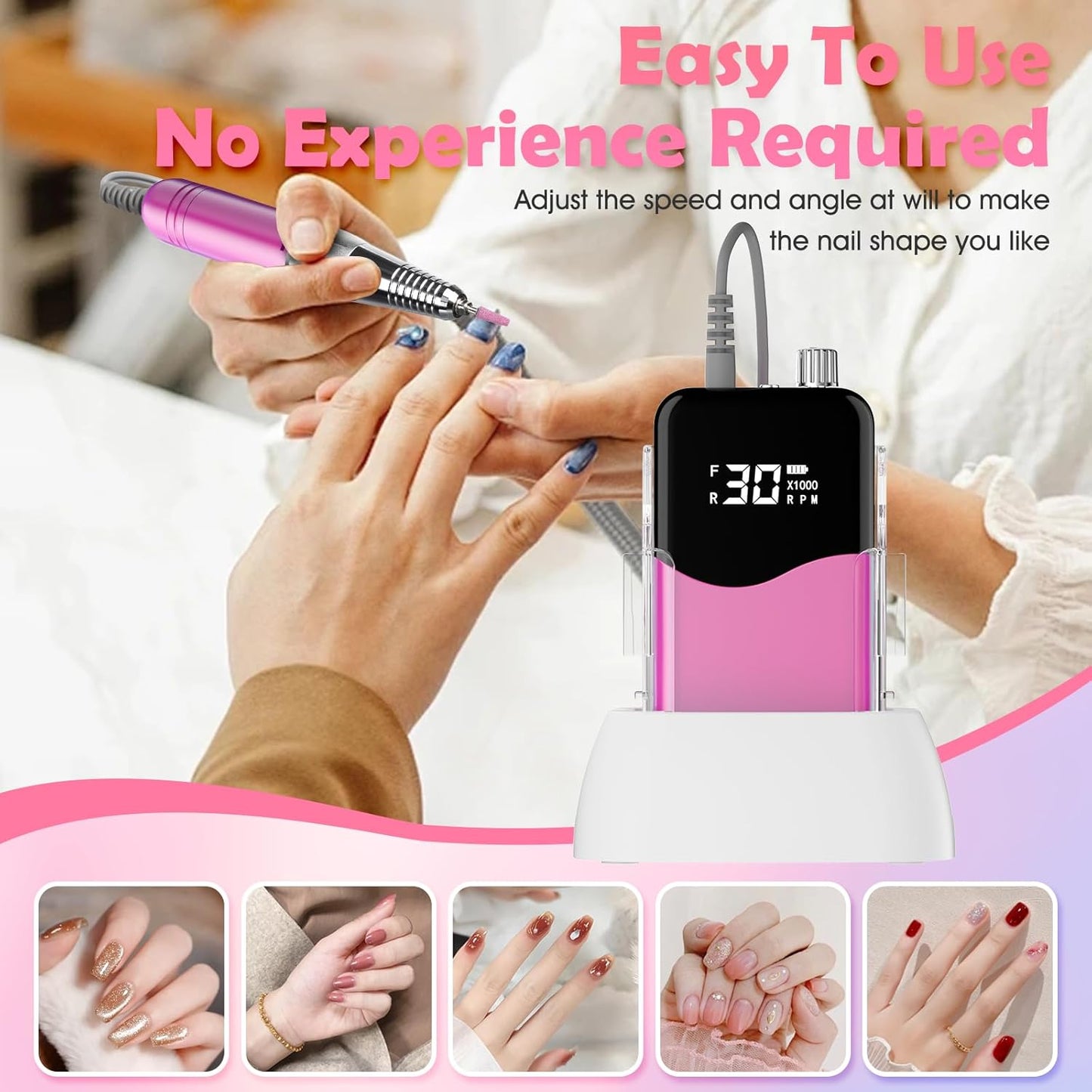 CIVPOWER Nail Drill Professional: 35000RPM Electric Nail File - Portable Rechargeable LED Display Nail Tool Kit- Manicure Pedicure Salon Home DIY Pink