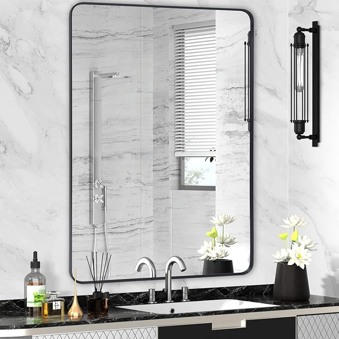 Wall Mount Mirror for Bathroom, Brushed Black Metal Framed Large Rounded Corner Rectangular Vanity Mirror, Tempered Glass, Anti-Rust, Hangs Horizontally or Vertically (30" x 40", Black)