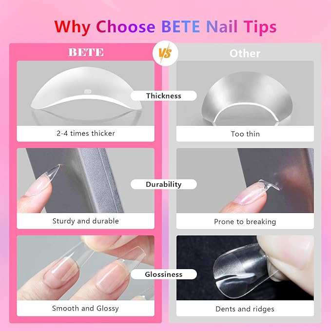 BETE Medium Oval Nail Tips, 224Pcs 16 Sizes, Clear Acrylic Full Cover False Nails, Pre-Shaped, Strong & Thicker, Long Lasting Press on Nails for DIY at Home & Salon