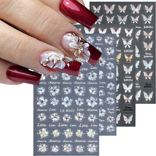 5D Embossed Spring Flower Nail Stickers, 4 Sheets Holographic Shiny Butterfly Nail Stickers, Cherry Blossom Nail Decals, Self-Adhesive Pegatinas para Uñas, Summer Floral Manicure Design
