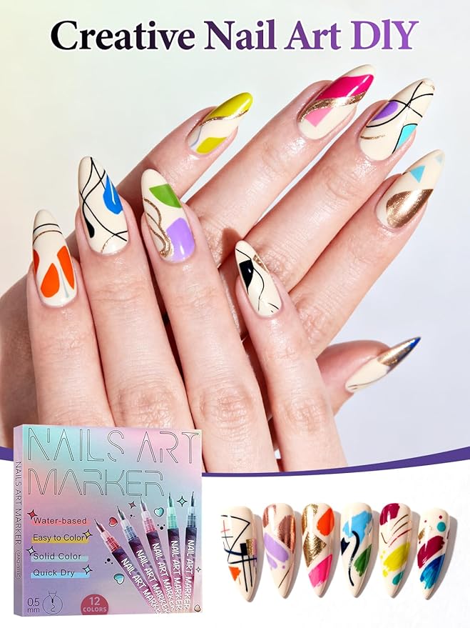 12 Colors Nail Art Pens Set, EBANKU Nail Polish Pens Quick-Drying Acrylic Paint Pen Nail Point Dotting Liner Pen Tools for Home & Salon Nail Art DIY