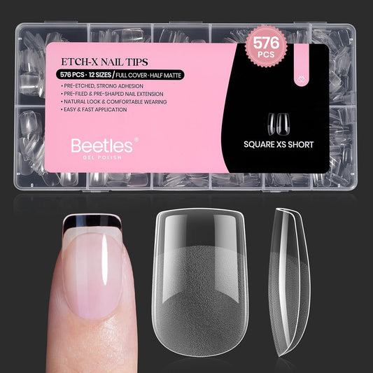 Beetles Short Square Nail Tips: 576PCS 12 Sizes XS Short Square Half Matte Clear False Acrylic Press on Nails Tips Pre-shape Full Cover Nail Tips Nail Extension DIY