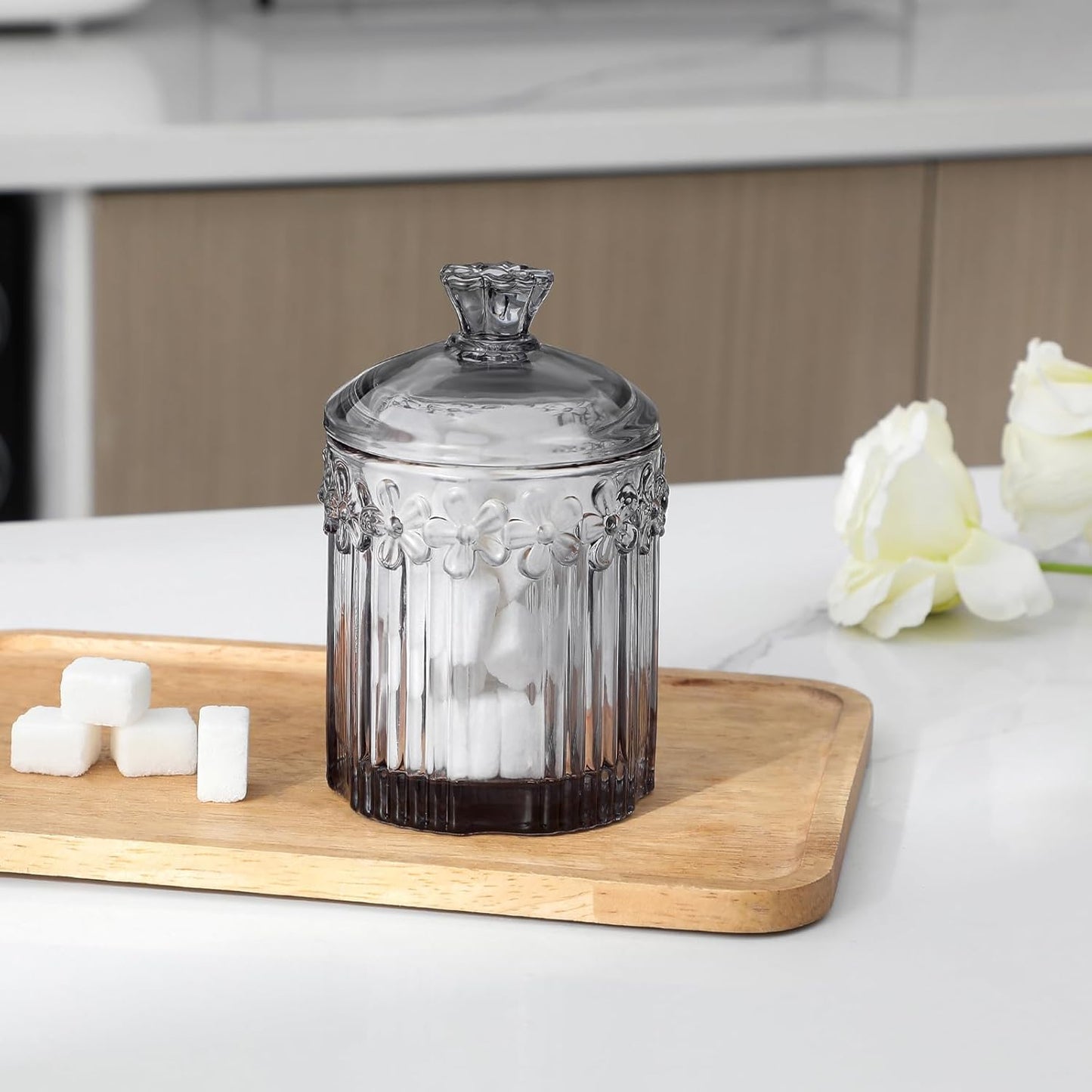 rejomiik 2 Pack Qtip Holder Glass Apothecary Jars with Lids Set Bathroom Canisters Dispenser Organizers and Storage for Cotton Swabs, Balls, Pads, Floss Picks, Candy, Grey