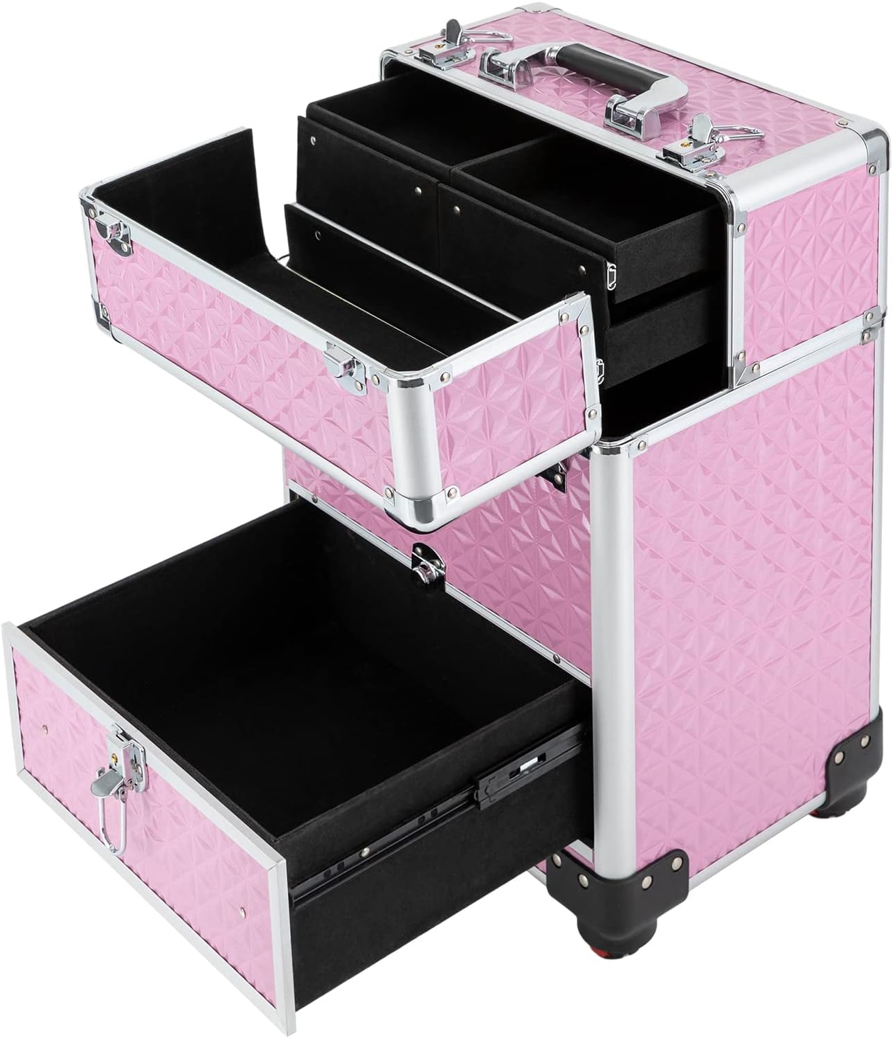 Rolling Makeup Train Case Professional Cosmetic Organizer Large Capacity Trolley Makeup Travel Case with 360° Swivel Wheels for Makeup Artist (Pink)