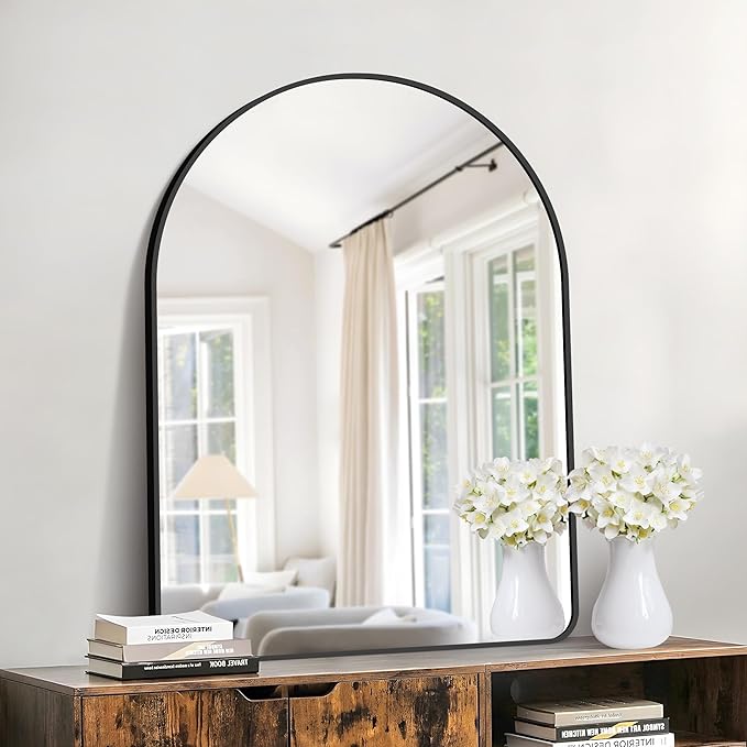 GLASHOM 30"x40" Black Arched Mirrors for Bathroom, Wall Mounted Mirror, Aluminum Alloy Brushed Framed Wall Mirror, Anti-Rust, Large Mirror for Over Sink, Bedroom, Entryway (Vertical)