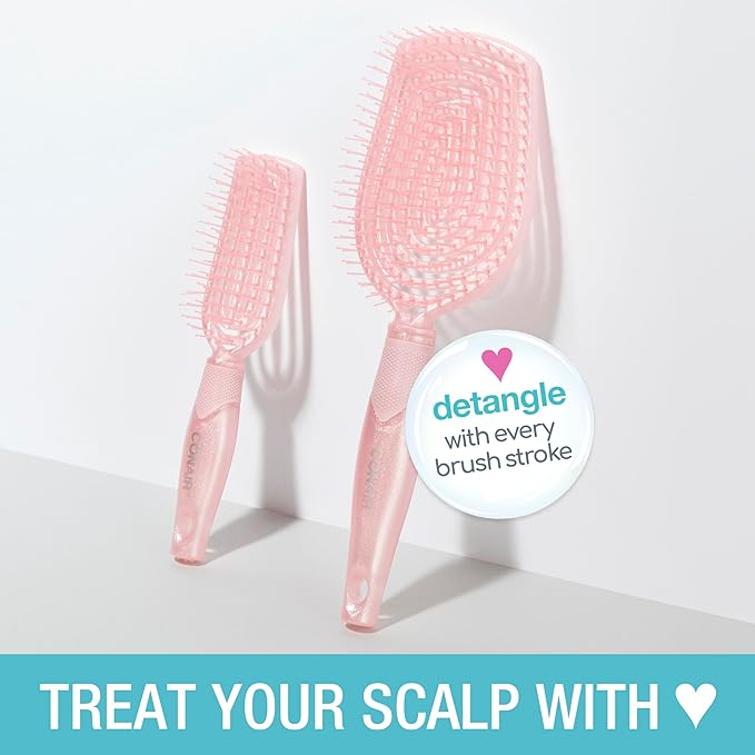Conair Scalp Care Detangling hairbrush 2pk - Travel Hair Brush Set - Scalp Massager - hairbrushes for women & men - detangler for all lengths - use wet or dry - Blush Pink