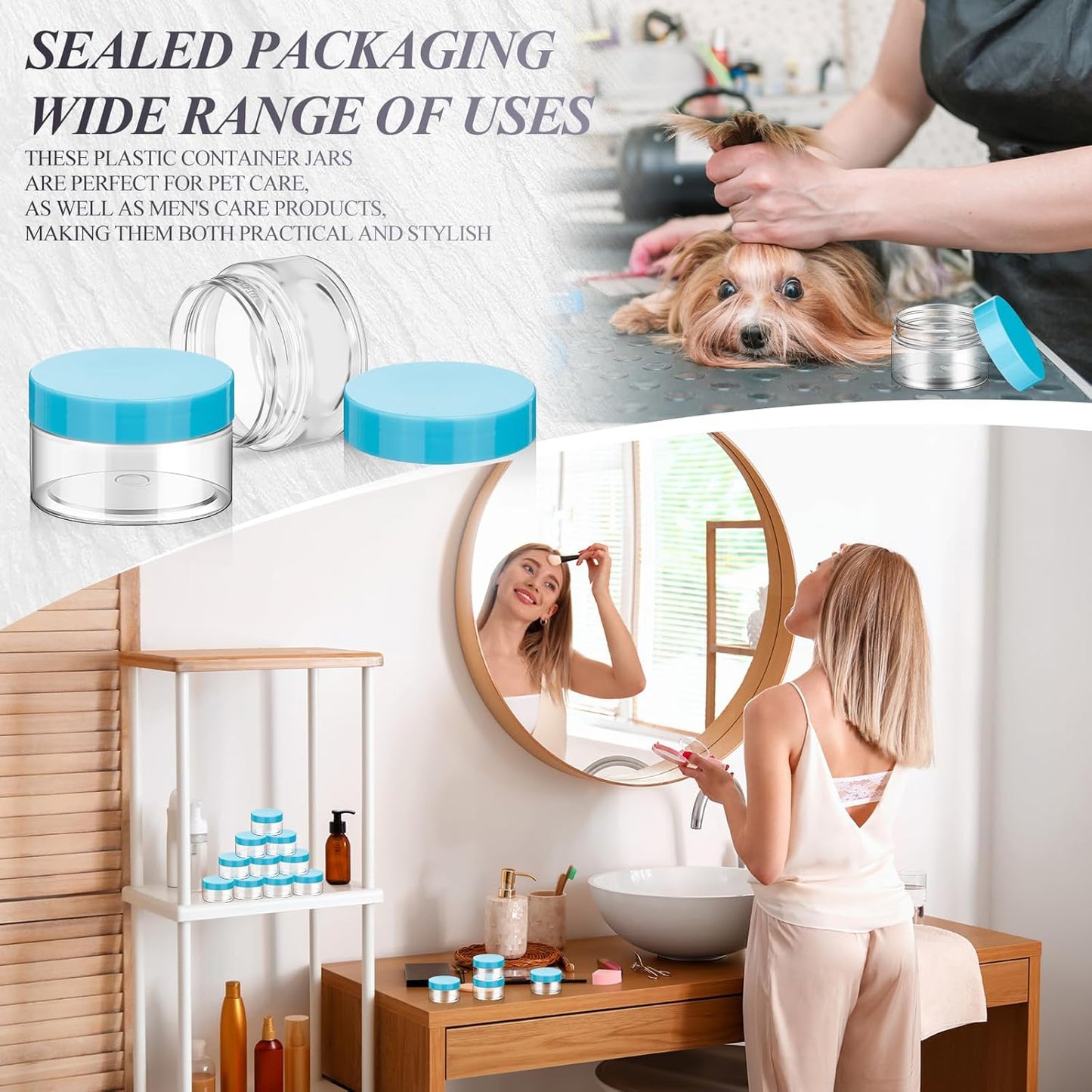 SATINIOR 24 Pieces Empty Clear Plastic Jars with Lids Round Storage Containers Wide Mouth for Beauty Product Cosmetic Cream Lotion Liquid Butter Craft and Food(Blue Lid,1 oz)