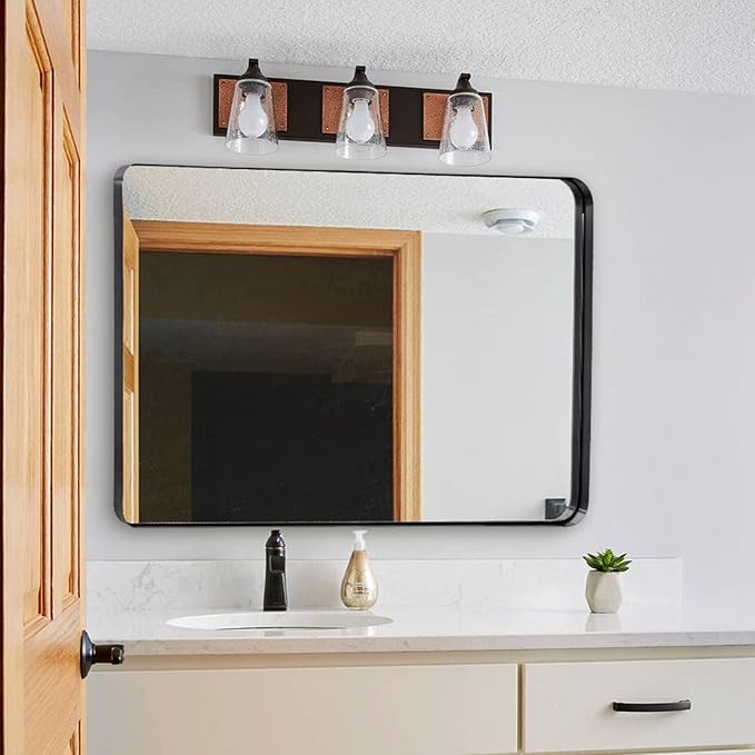 ANDY STAR Wall Mirror for Bathroom, 30x36 Matte Black Bathroom Mirror, Modern Stainless Steel Metal Frame Rounded Corner Rectangle Mirror for Vanity