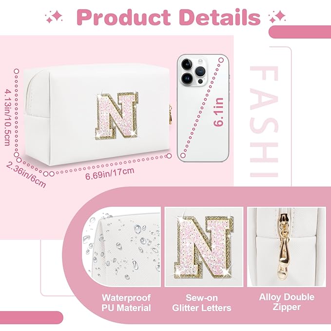 Small Initial Patch Makeup Bag Personalized Gifts Make Up Bag,White Cute PU Leather Glitter Letter Cosmetic Bag with Zipper,Trendy Portable Travel Toiletry Pouch,Preppy Stuff for Teen Girls Women N