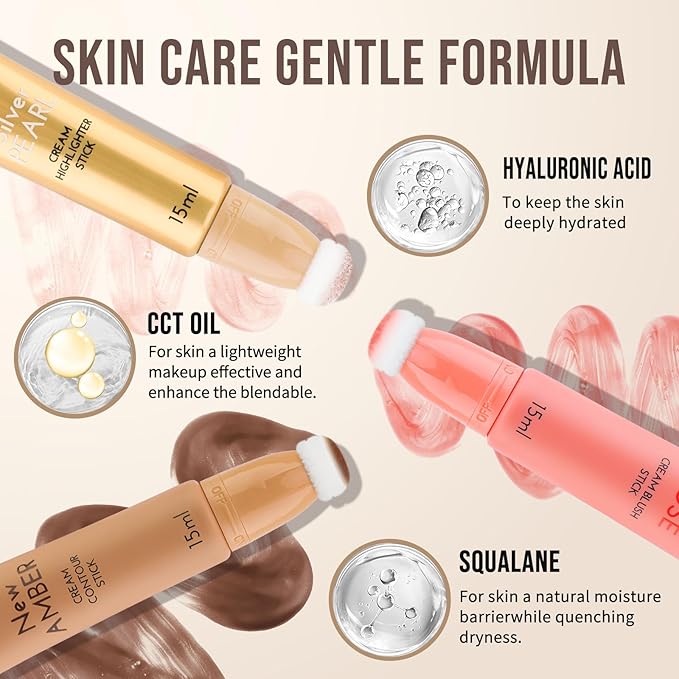 Color Nymph Liquid Makeup Wand Combo, Hydrating Brown Contour Stick Glow Liquid Highlighter Pigmented Blush For Cheeks Fine Texture Natural Blend Long Lasting (Brown Contour+Blush+Highlighter)