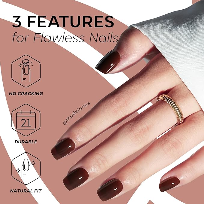 Modelones Brown Press on Nails, Short Square Fake Nails, Semi-Transparent Reusable Nail Kit with Nail Glue Adhesive Tabs Mini Nail File, Nails Press Ons 32Pcs16 Sizes, Women Girl Gift