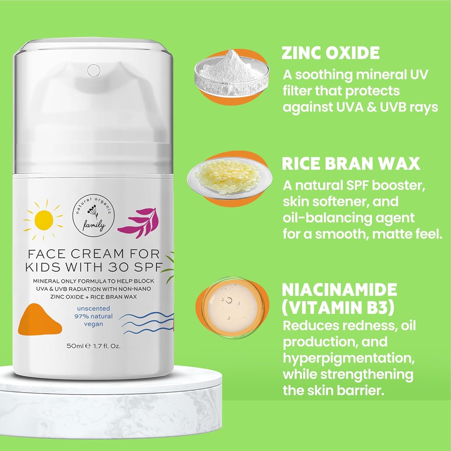 Kid Face Sunscreen Moisturizer with SPF – SPF 30 Mineral Face Sunscreen – Lightweight, Non-Greasy, Reef-Safe with Zinc Oxide & Niacinamide – Broad-Spectrum UV Protection – Daily Moisturizer for Kids